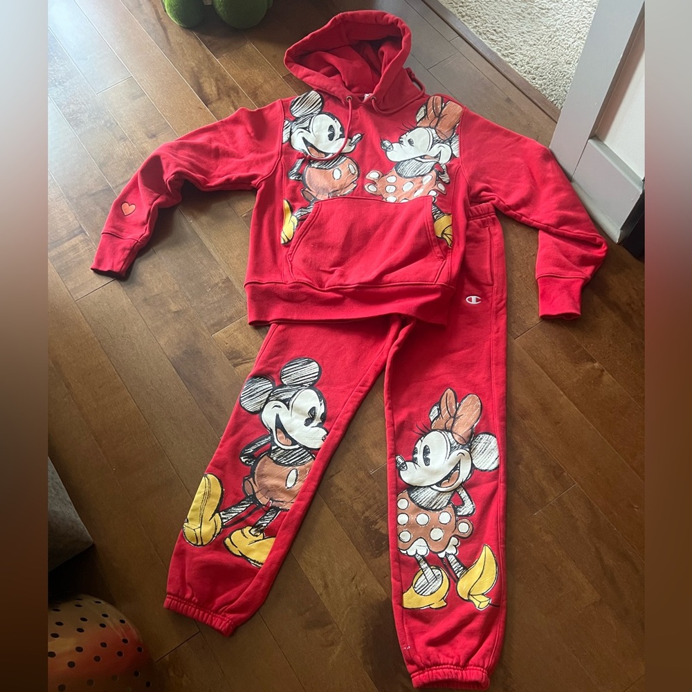 Champion Red Mickey and Minnie Hoodie and Sweatsuit. Size Small.